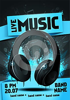 Vector illustration live music party flyer design template with headphone