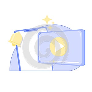 Vector illustration of live video broadcast on mobile with notification bell icon.
