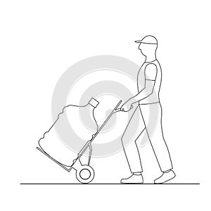 Vector illustration loader man moves large bottle of water on trolley, isolated on white background