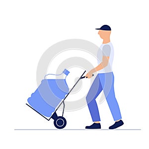 Vector illustration loader man moves large bottle of water on trolley, isolated on white background