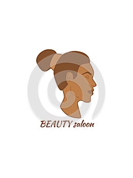 Vector illustration logo for a beauty saloon. Portrait of a young african woman in profile on white background. Dark