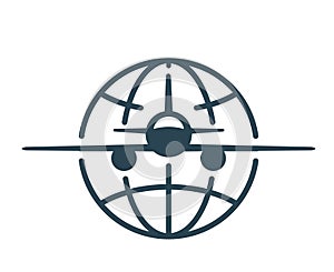 Vector illustration, logo, globe icon and airplane. tourism and travel.