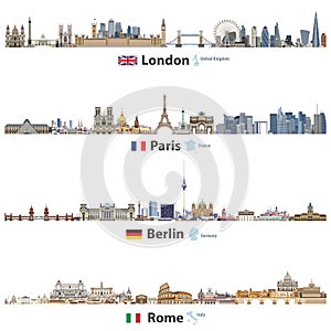 Vector illustration of London, Paris, Berlin and Rome city skylines isolated on white background. Flags and maps of United Kingdom