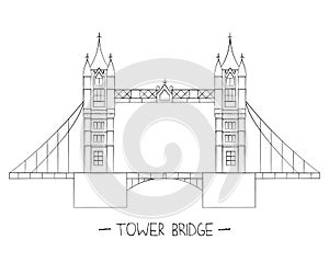 Vector illustration of London sights. London city symbol isolated on white background. Tower bridge in line art style