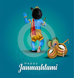 Printvector illustration of Lord Krishna Happy Janmashtami festival of India with text photo