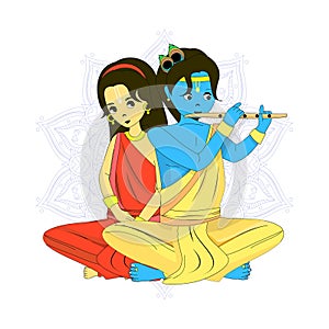 Vector illustration of Lord Krishna playing the flute near Radha. Internal feminine energy. Religion of India