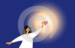 Vector illustration of love, charity, donation with woman holding heart in hand lighting up darkness