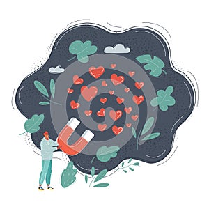 Vector illustration of love. Man hold big magnet and collect love heart and likes on dark.
