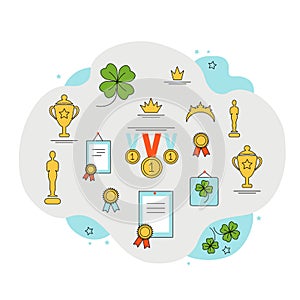 Vector illustration, luck symbol clover, sports awards, cup, medal, diploma, badge, diploma, crown, oscar