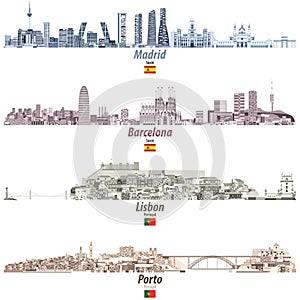 Vector illustration of Madrid, Barcelona, Lisbon and Porto abstract cities skylines in brightful color palette