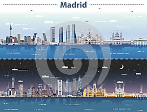 Vector illustration of Madrid city skyline at day and night