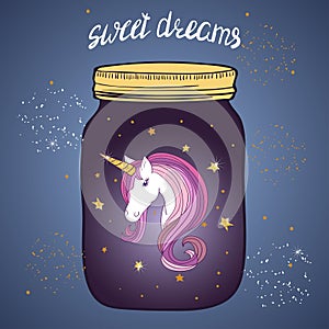 Vector illustration with magic jar and unicorn.