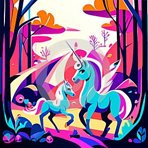 Vector illustration of magic unicorn in the forest. Cartoon style. Colorful background. Generative AI