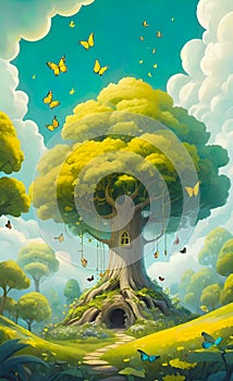 Vector illustration, magical forest for children\'s greeting card, lucky pattern for children\'s book illustration