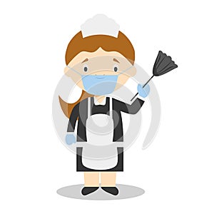 Vector illustration of a maid or cleaning girl with surgical mask and latex gloves as protection against a health