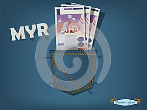 Vector illustration of malaysian ringgit in the pocket of blue jeans