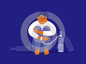 Vector illustration of male alcoholism with unhappy man chained to alcohol drink bottle sitting hugging knees