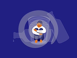 Vector illustration of male alcoholism with unhappy man sitting into drink glass hugging knees