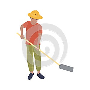 Vector illustration with a male archaeologist with a shovel in his hands who is excavating or building. A man in a cork helmet