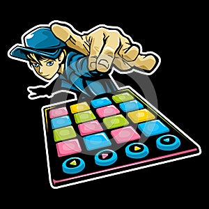 Vector illustration of male DJ character playing music