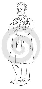 Vector illustration of a male doctor in a medical gown with a stethoscope. Medical clothes. The medic crossed his arms.