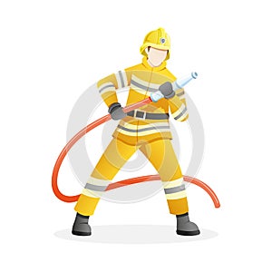 Vector illustration Male firefighter put out fire with water hose