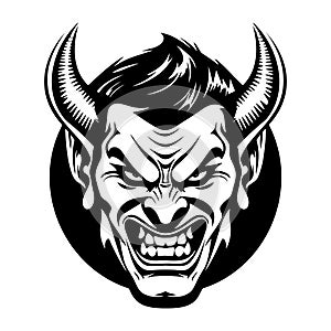 Vector illustration. Male portrait of a malevolent laughing devil businessman with horns.