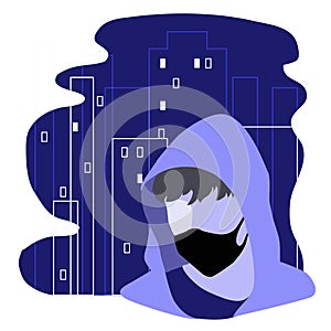 Vector illustration of a male portrait in a mask on a city background.