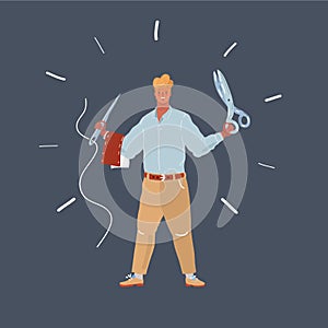 Vector illustration of male tailor. Man with scissor and needle with thead on dark. photo