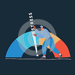 Vector illustration of man with arrow and scale level of stress. Nervous stress and fatigue over dark backround.