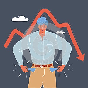 Vector illustration of man is a bankrupt Character with empty pockets turned out on dark background. The recession of