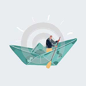 Vector illustration of Man With Cash concept. Character in a boat sail with paddle on white background.