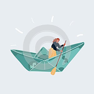 Vector illustration of Man With Cash concept. Character in a boat sail with paddle on white background.