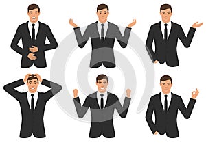 Man character expressions with hands gesture, cartoon businessman wit different emotion photo