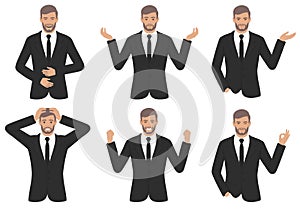 Man character expressions with hands gesture, cartoon businessman wit different emotion photo