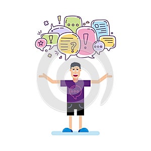 Vector illustration of man and colorful color dialog speech bubbles with icons and text let s talking on white background. Safety