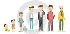 Vector illustration of a man in different ages - as a small baby boy, a child, a pupil, a teenager, an adult and an
