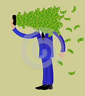 Vector illustration of a man dressed in suit looking at a cell phone from which a lot of money comes out