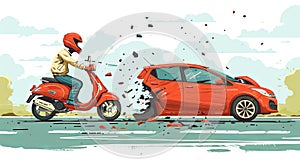 Vector illustration of a man driving a motorbike and hit car on the road. Crash accident