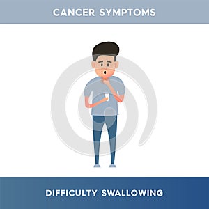 Vector illustration of a man experiencing pain when swallowing. A person suffering from dysphagia holds his throat with his hand.