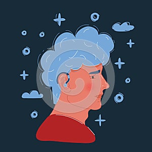Vector illustration of man face wearing a hearing aid on white backround.