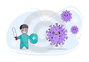 Vector illustration man fight covid-1 corona virus. cure corona virus. people fight virus concept. corona viruses vaccine concept.