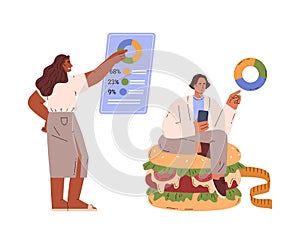 Vector illustration of a man and a girl with an infographic about unhealthy nutrition with bright diagrams