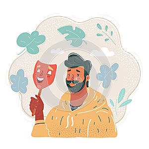 Vector illustration of man hide his real face by holding cheerful mood mask.