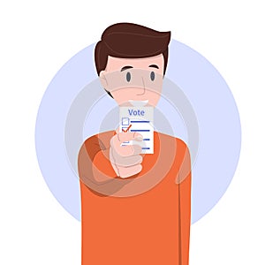 Vector illustration: man is holding ballot. Election concept.