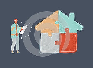 Vector illustration of man holding bluepint plan in hands, standing near jigsaw house on dark background. Sucess finish