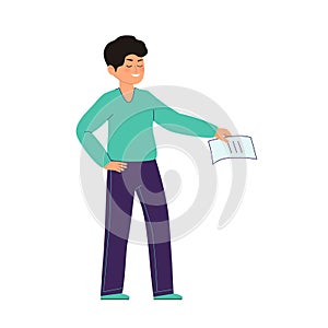 Vector illustration of a man holding a piece of paper in his hand. Character in the style of flat guy in a blue sweater.