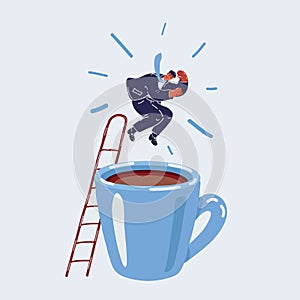 Vector illustration of man jump in big mug of coffee.