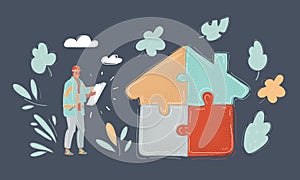 Vector illustration of Illustration of a man just build jigsaw puzzle part which forming a house. Builder with bluepting