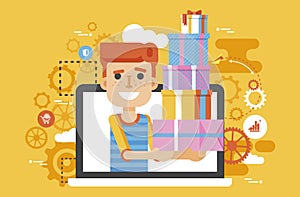 Vector illustration man in laptop notebook with lot of shopping packing boxes of gifts in flat style